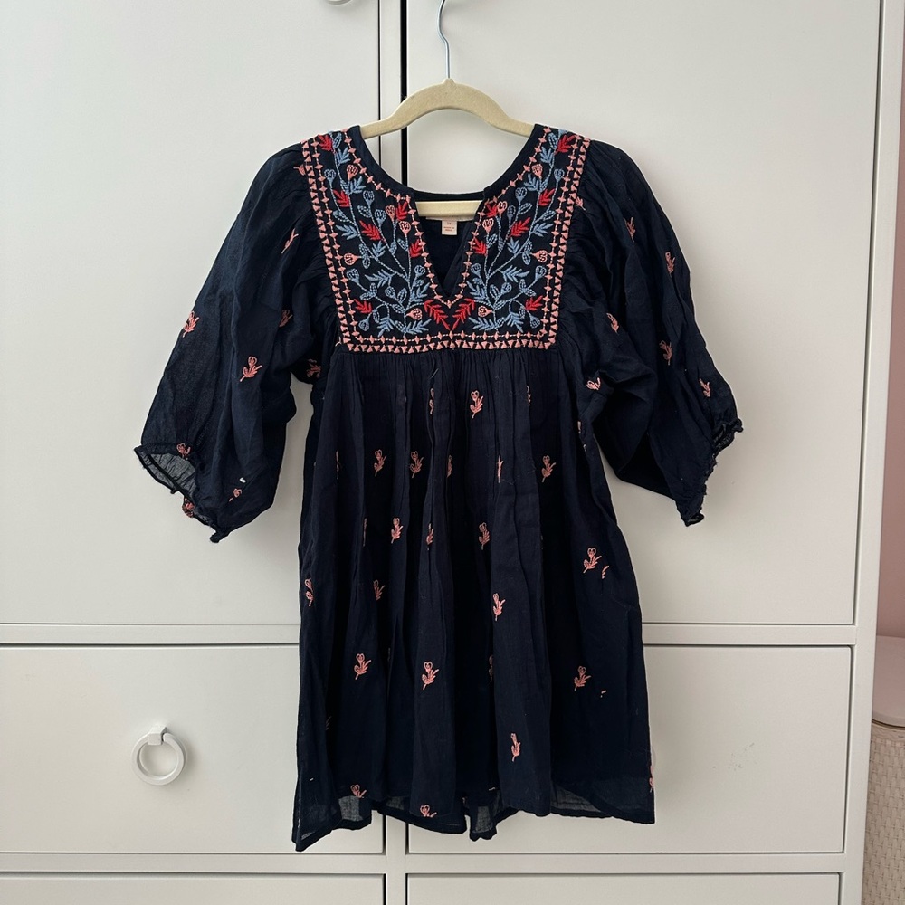 Pink Chicken Navy Dress with embroidered Floral Accents.
